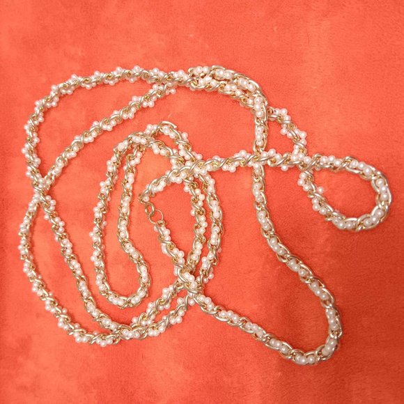 Gold tone necklace with artificial pearls 26" L - Picture 2 of 6